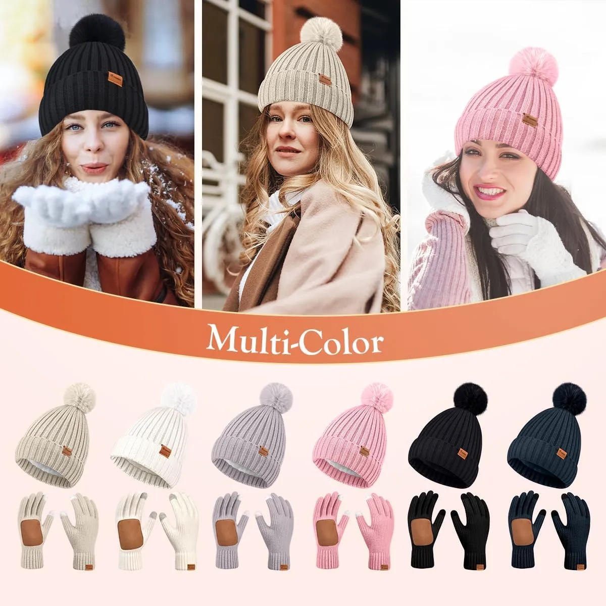 Womens Beanie Hat Gloves Set Winter Knitted Beanie Hat for Women With Pom Pom Warm Touchscreen Gloves Set for Cold Weather