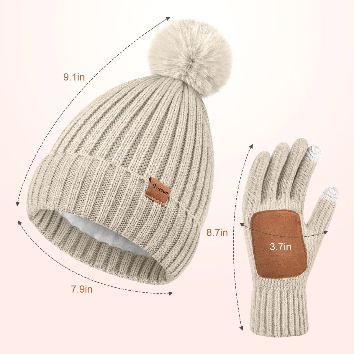 Womens Beanie Hat Gloves Set Winter Knitted Beanie Hat for Women With Pom Pom Warm Touchscreen Gloves Set for Cold Weather