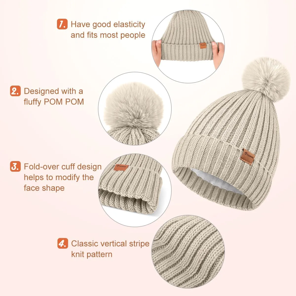 Womens Beanie Hat Gloves Set Winter Knitted Beanie Hat for Women With Pom Pom Warm Touchscreen Gloves Set for Cold Weather
