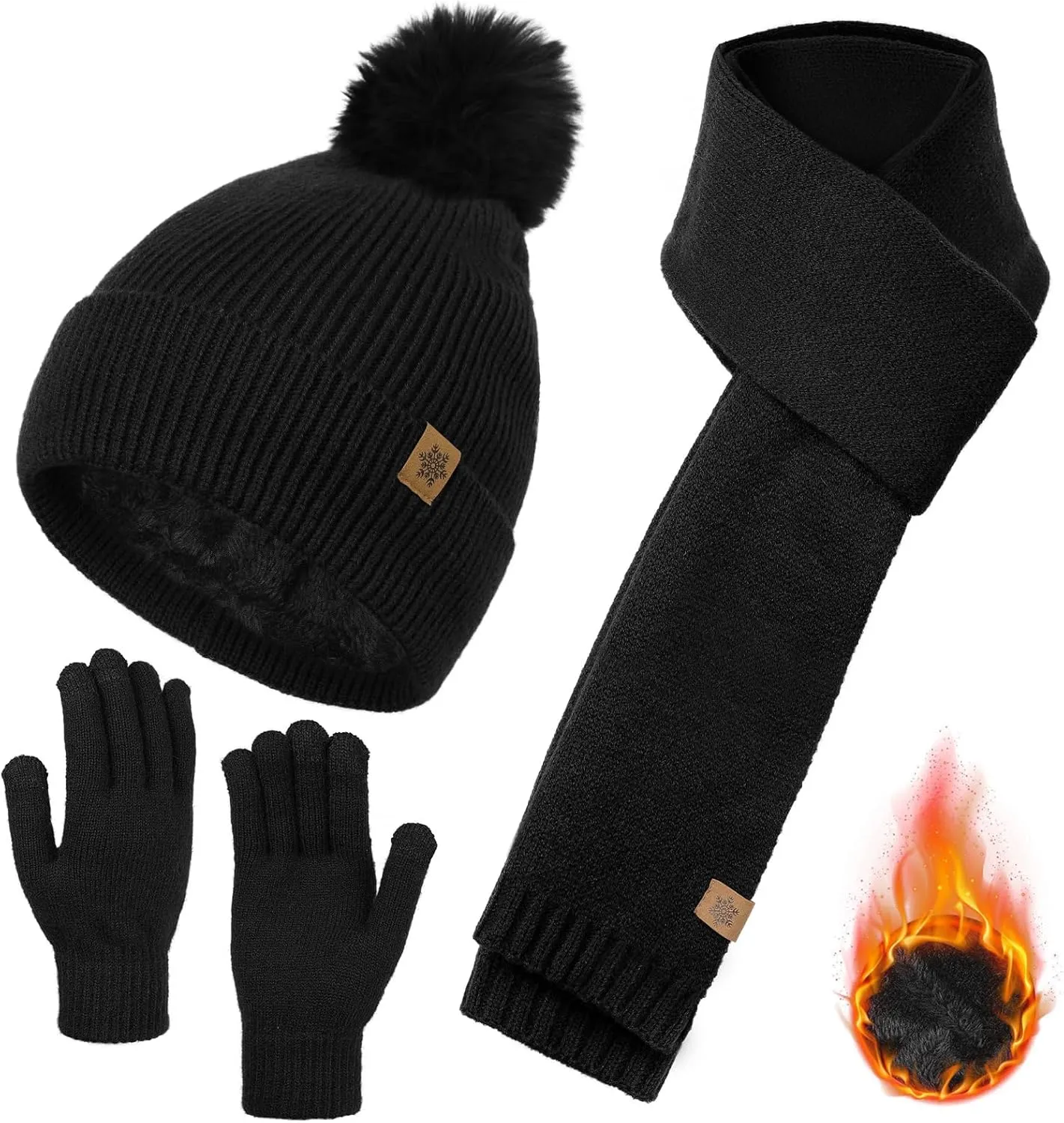 Womens Beanie Hat Scarf Gloves Set, Fleece Lined Warm Winter Hat with Pom Pom, Long Knit Scarf 3 in 1 Set for Cold Weather