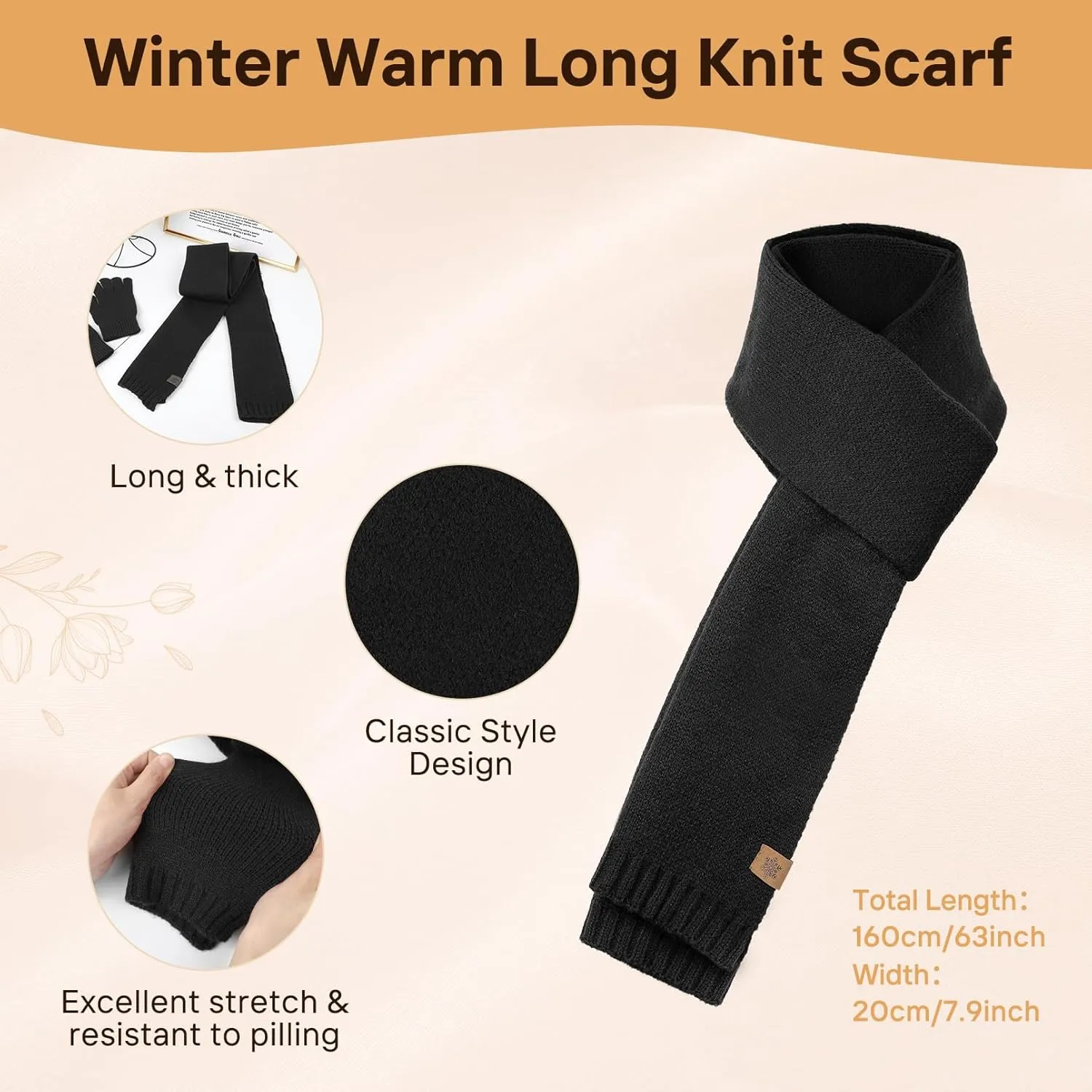 Womens Beanie Hat Scarf Gloves Set, Fleece Lined Warm Winter Hat with Pom Pom, Long Knit Scarf 3 in 1 Set for Cold Weather