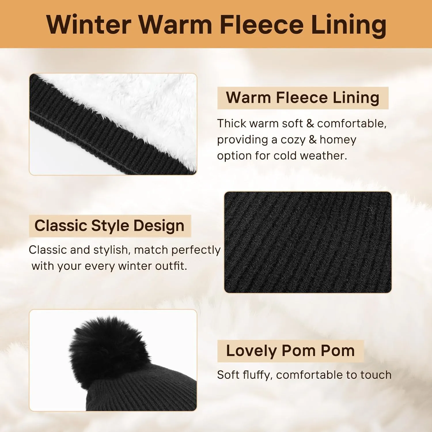 Womens Beanie Hat Scarf Gloves Set, Fleece Lined Warm Winter Hat with Pom Pom, Long Knit Scarf 3 in 1 Set for Cold Weather