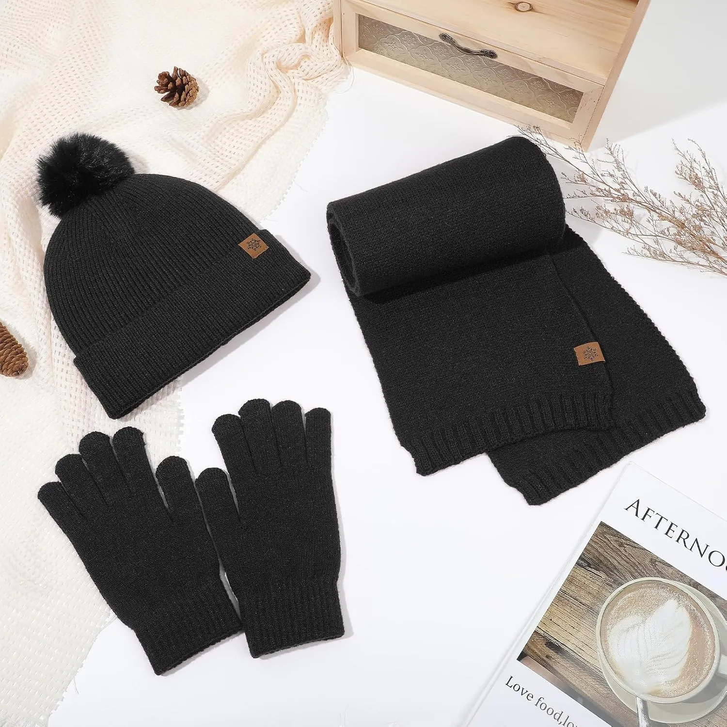 Womens Beanie Hat Scarf Gloves Set, Fleece Lined Warm Winter Hat with Pom Pom, Long Knit Scarf 3 in 1 Set for Cold Weather