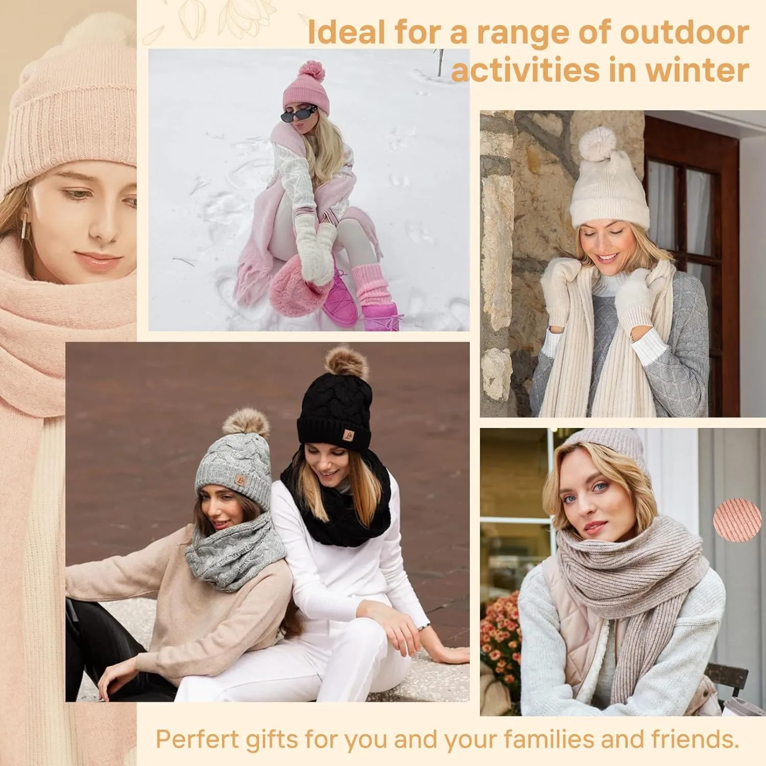 Womens Beanie Hat Scarf Gloves Set, Fleece Lined Warm Winter Hat with Pom Pom, Long Knit Scarf 3 in 1 Set for Cold Weather