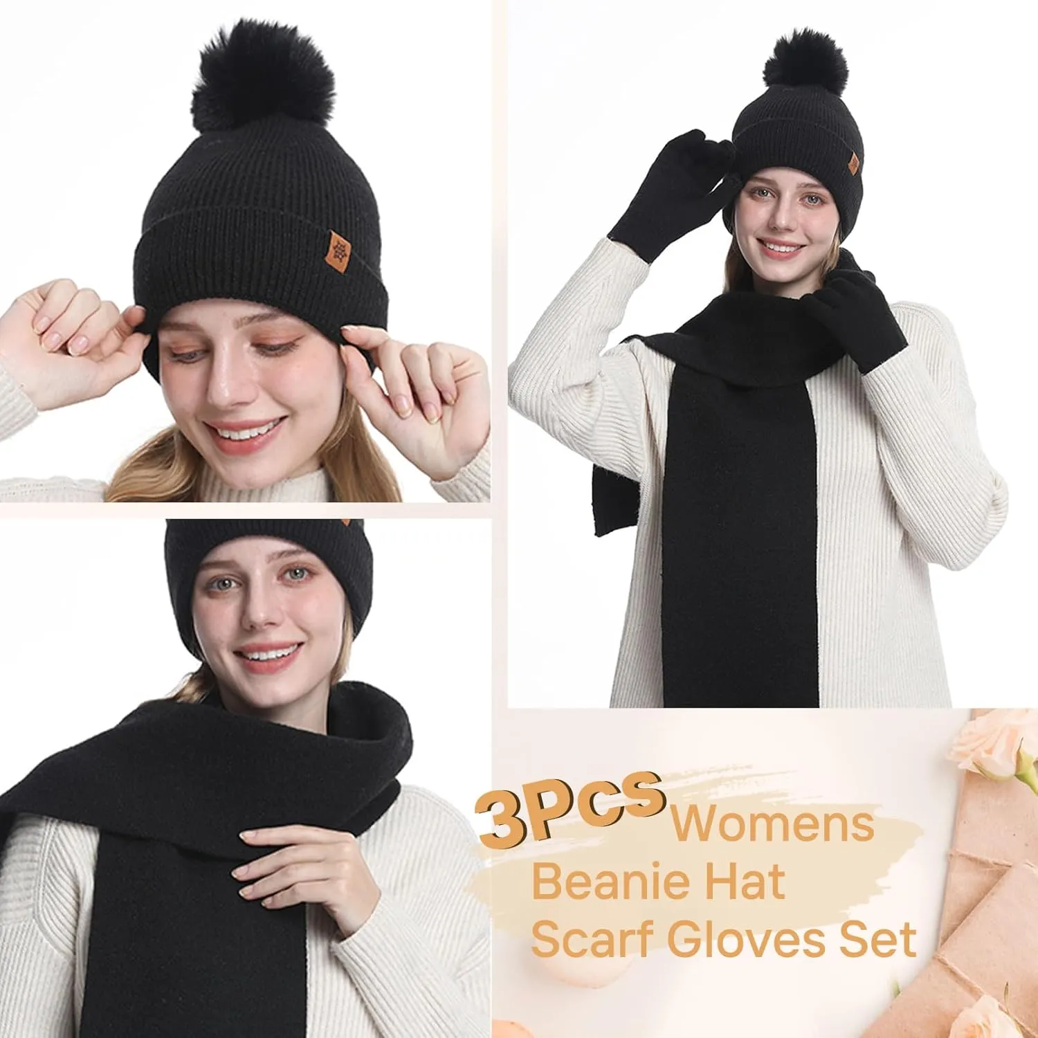 Womens Beanie Hat Scarf Gloves Set, Fleece Lined Warm Winter Hat with Pom Pom, Long Knit Scarf 3 in 1 Set for Cold Weather
