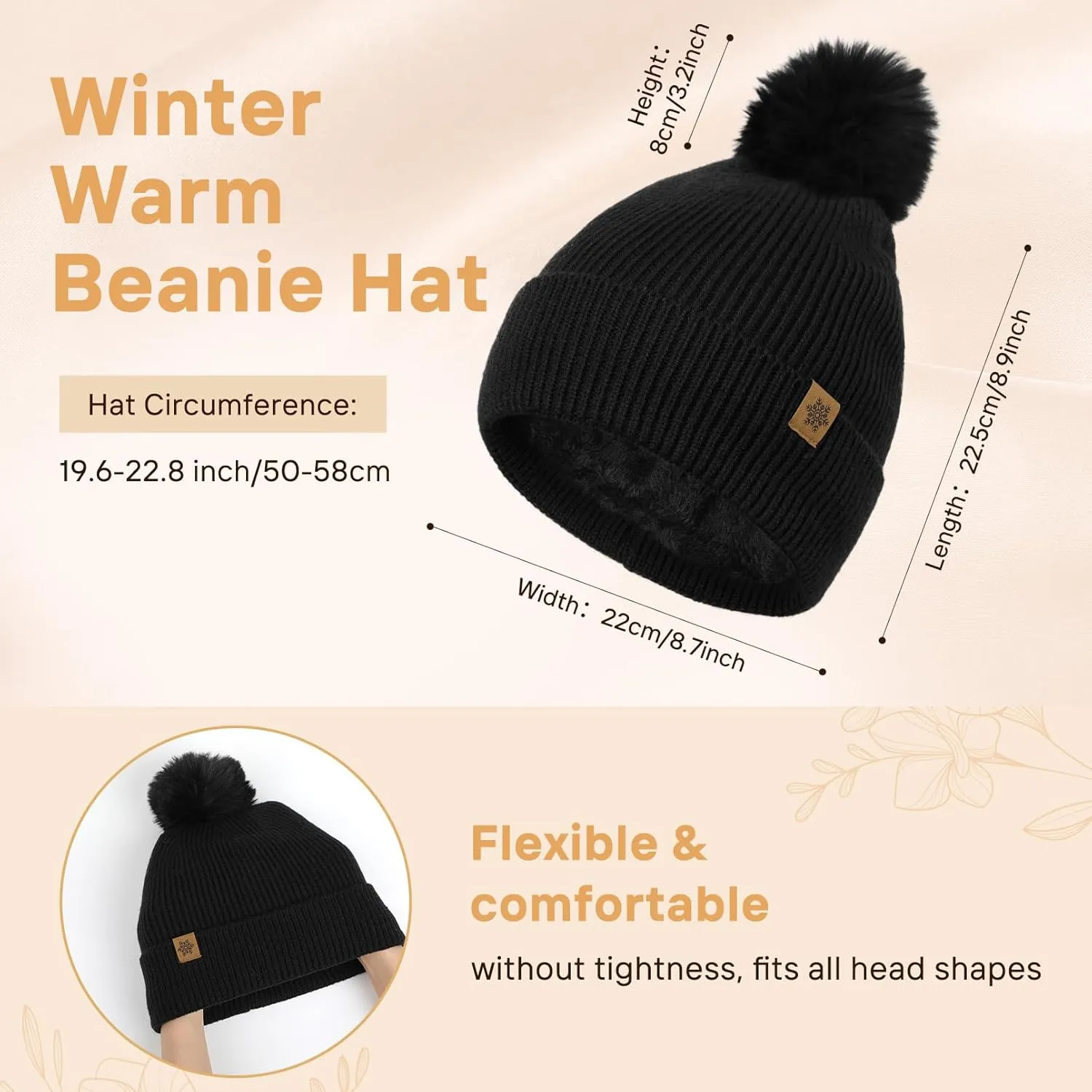 Womens Beanie Hat Scarf Gloves Set, Fleece Lined Warm Winter Hat with Pom Pom, Long Knit Scarf 3 in 1 Set for Cold Weather
