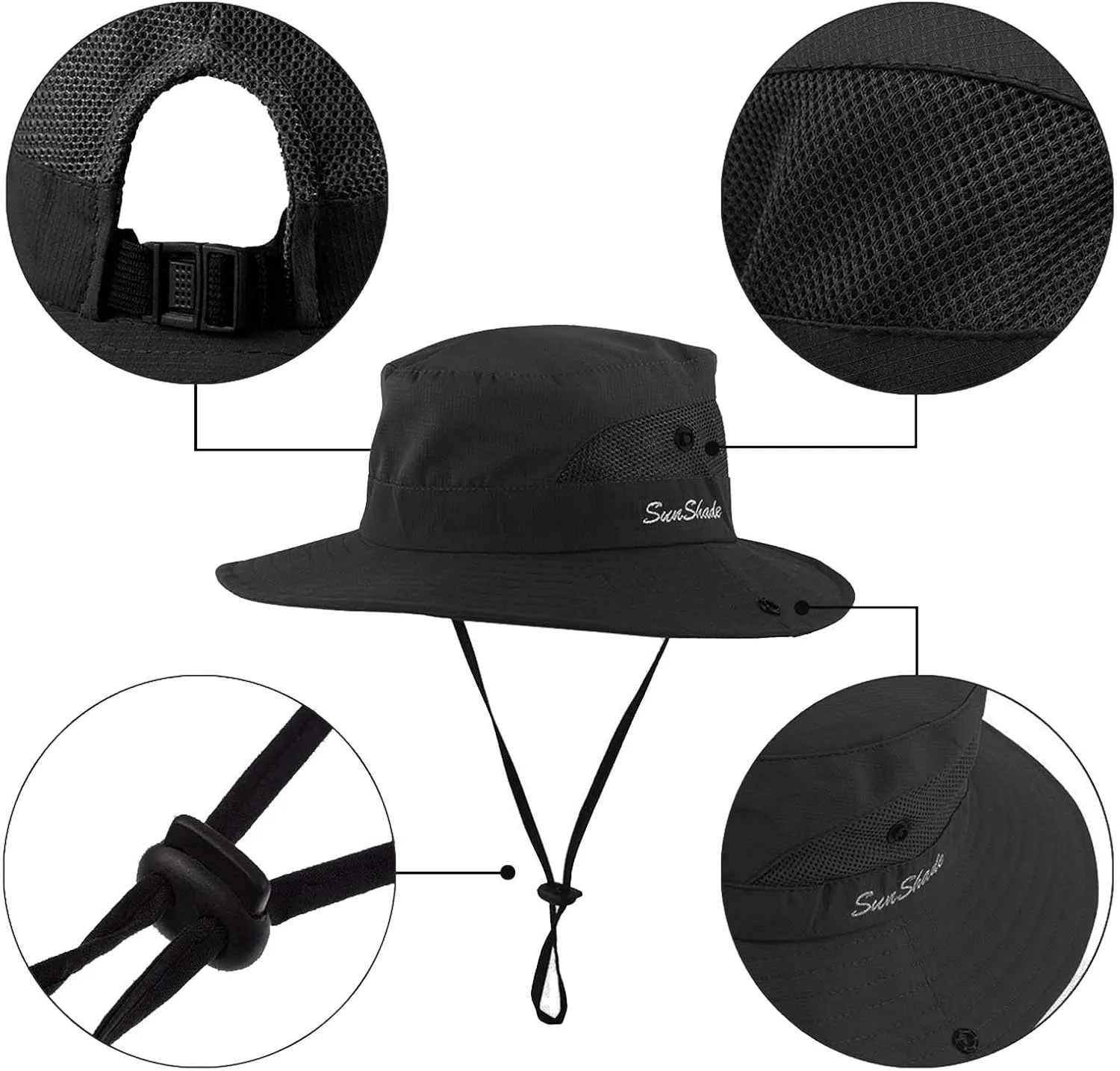 Womens Summer Sun-Hat Outdoor UV Protection Fishing Hat Wide Brim Foldable-Beach-Bucket-Hat with Ponytail-Hole