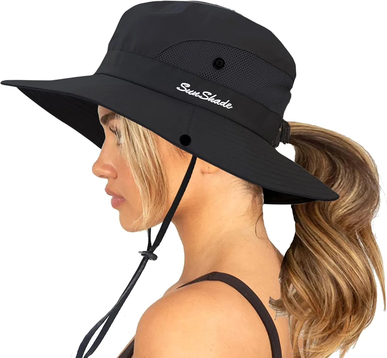 Womens Summer Sun-Hat Outdoor UV Protection Fishing Hat Wide Brim Foldable-Beach-Bucket-Hat with Ponytail-Hole