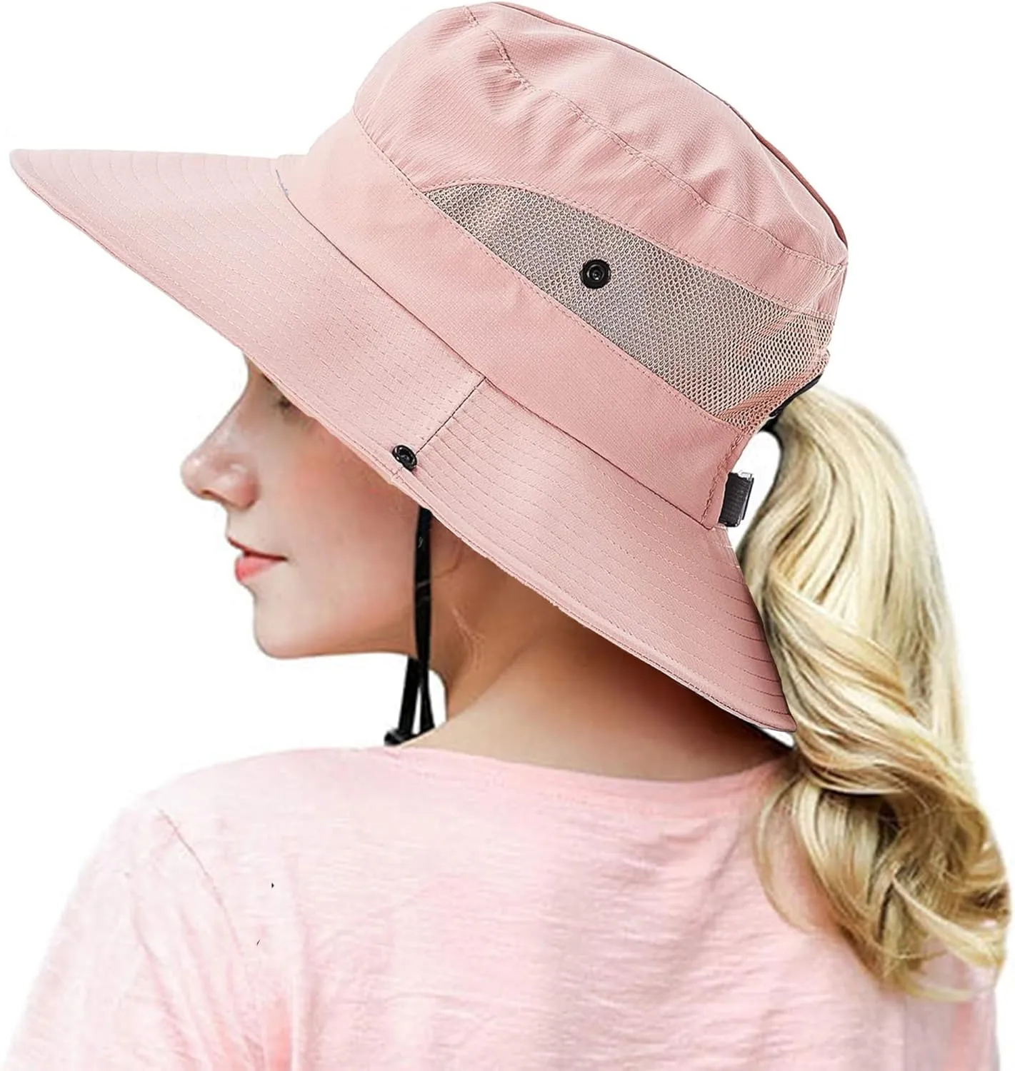 Womens Summer Sun-Hat Outdoor UV Protection Fishing Hat Wide Brim Foldable-Beach-Bucket-Hat with Ponytail-Hole