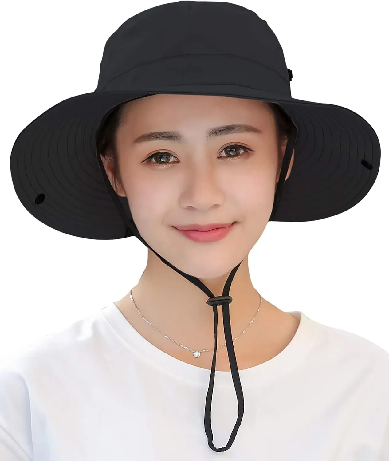 Womens Summer Sun-Hat Outdoor UV Protection Fishing Hat Wide Brim Foldable-Beach-Bucket-Hat with Ponytail-Hole