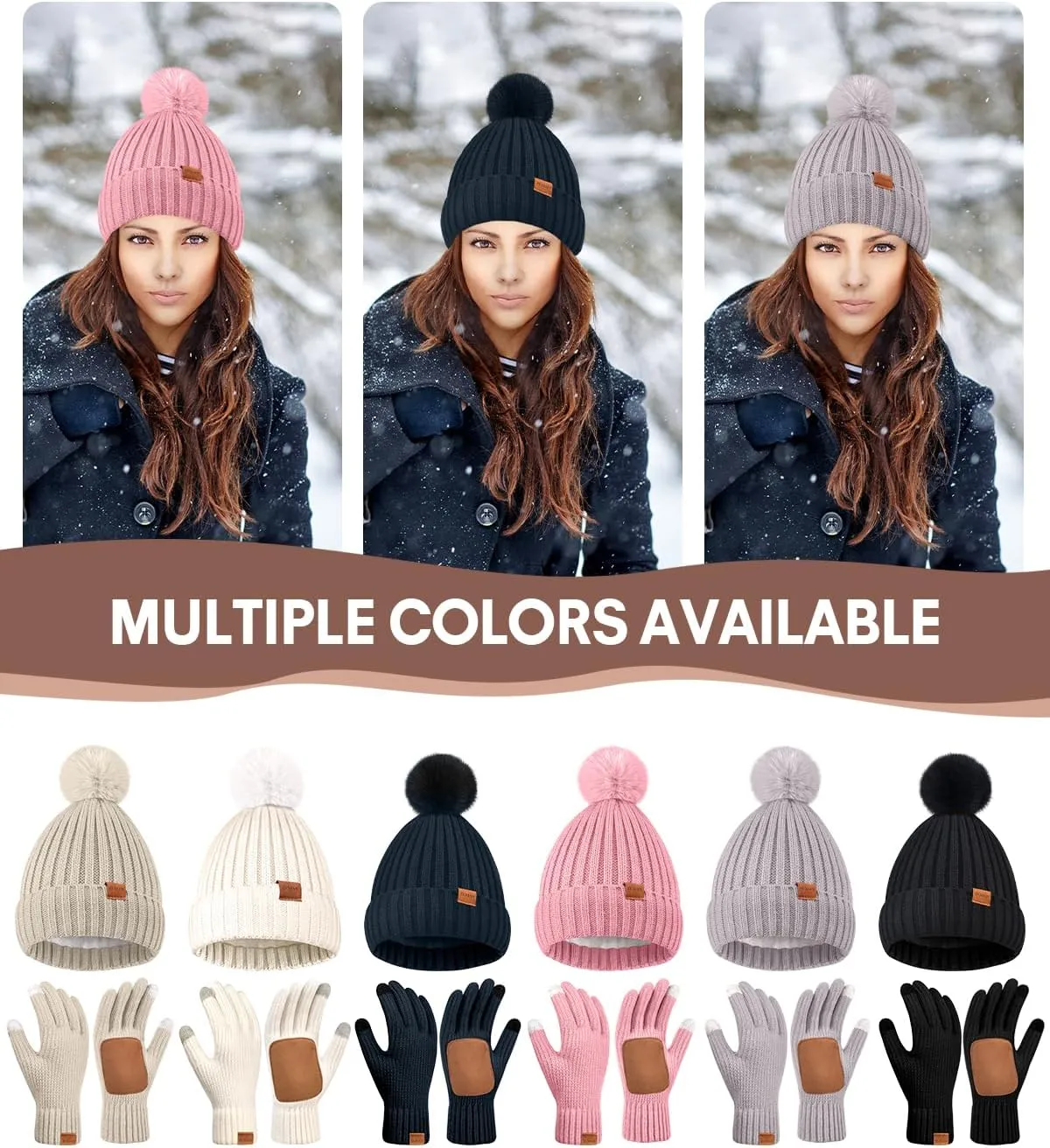Womens Winter Beanie Hat with Pom and Touchscreen Gloves SetSoft Warm Knit Cap and Gloves with Faux Suede for Cold Weather