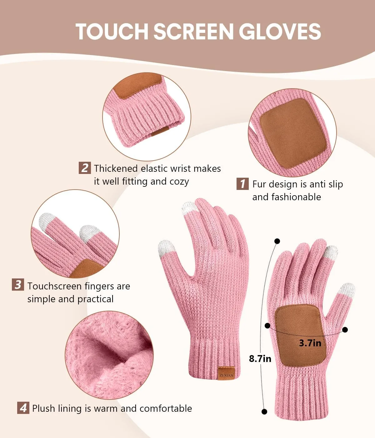 Womens Winter Beanie Hat with Pom and Touchscreen Gloves SetSoft Warm Knit Cap and Gloves with Faux Suede for Cold Weather