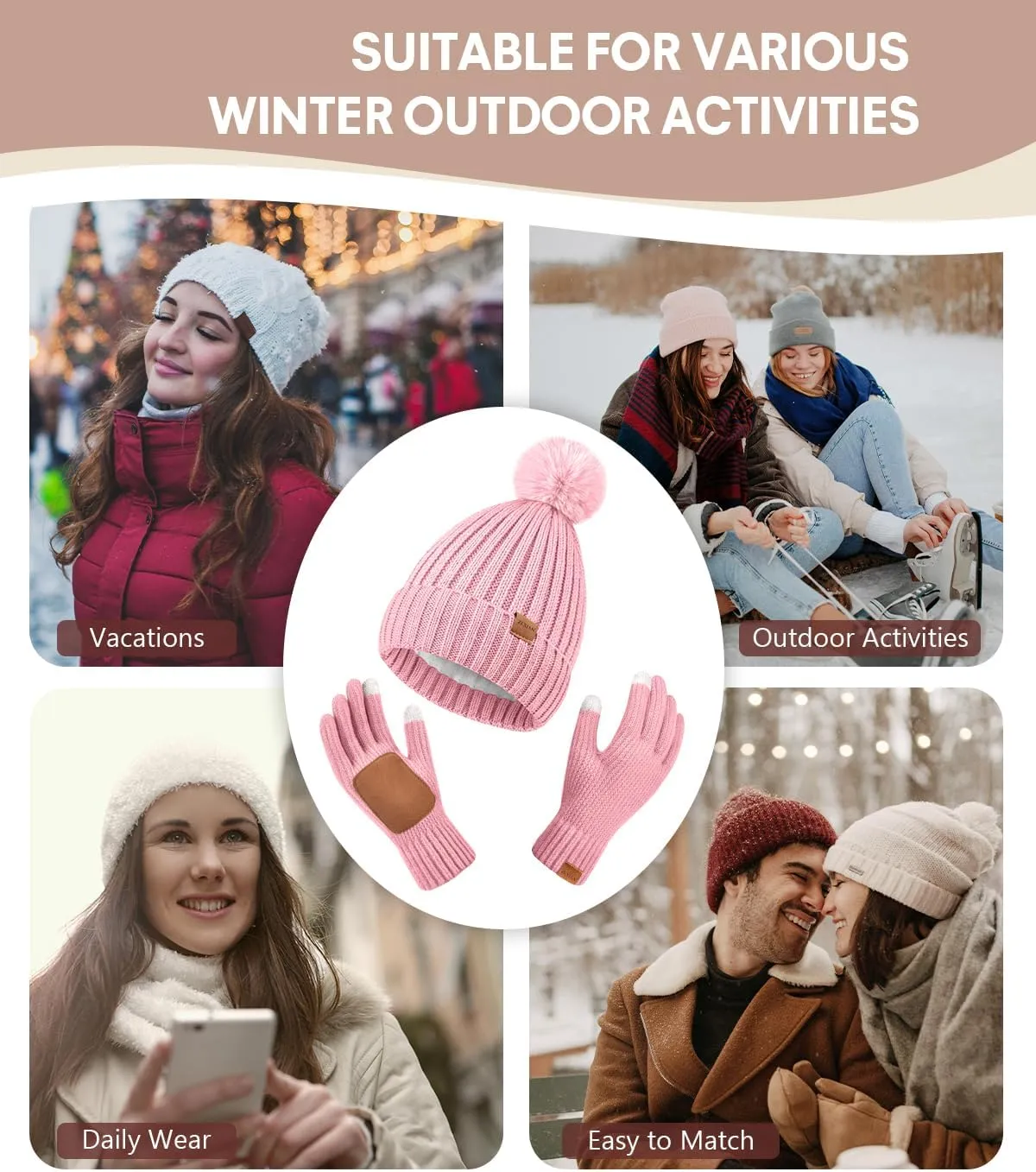 Womens Winter Beanie Hat with Pom and Touchscreen Gloves SetSoft Warm Knit Cap and Gloves with Faux Suede for Cold Weather