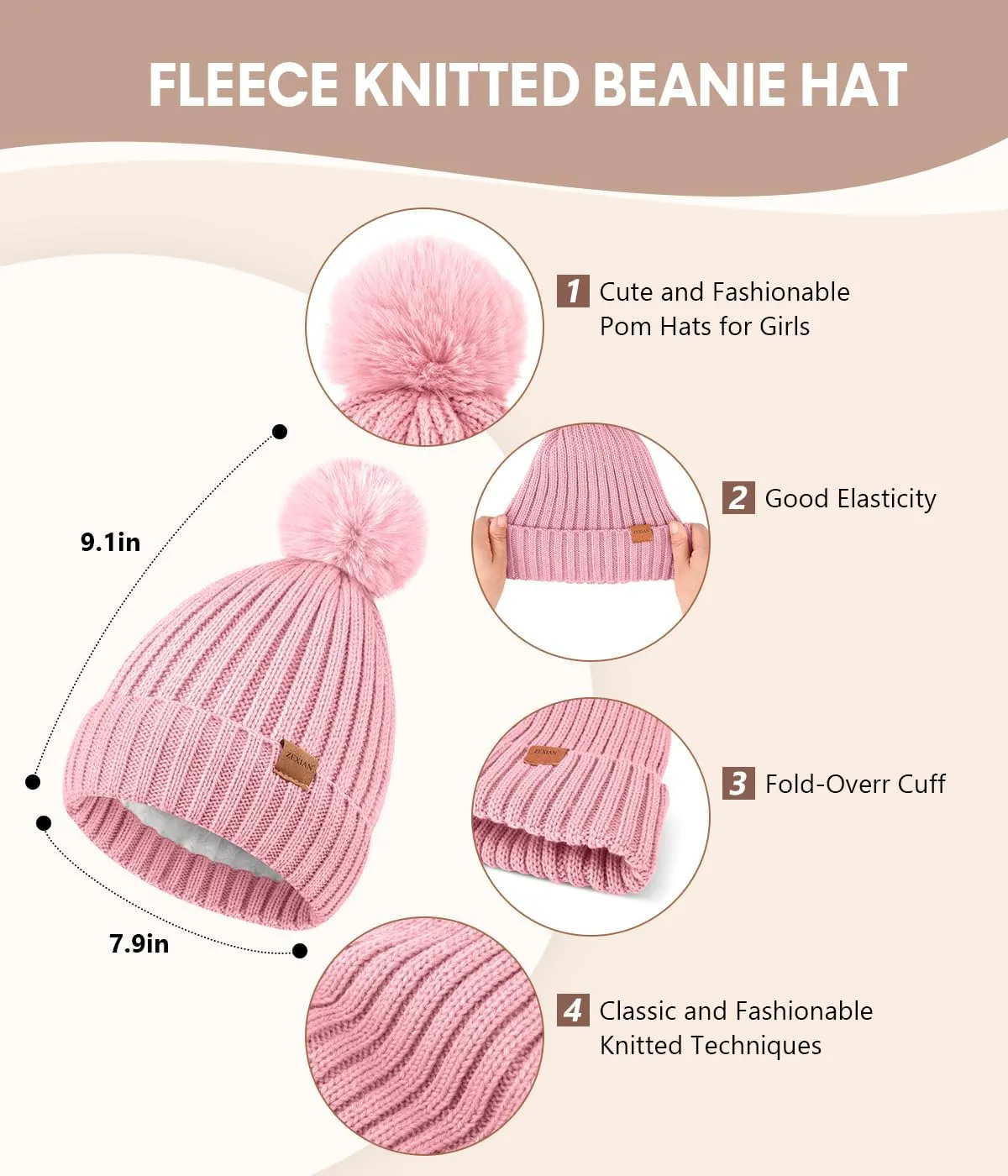 Womens Winter Beanie Hat with Pom and Touchscreen Gloves SetSoft Warm Knit Cap and Gloves with Faux Suede for Cold Weather