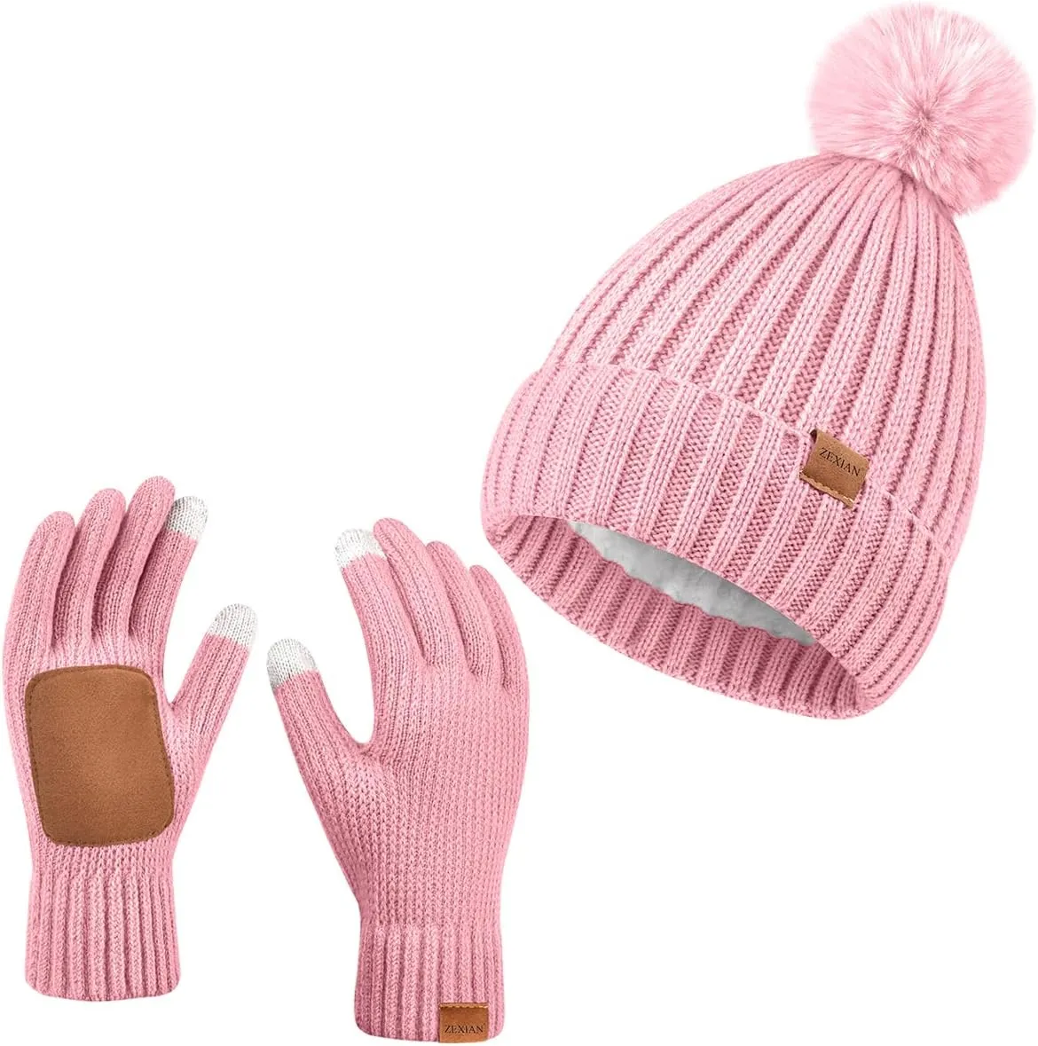 Womens Winter Beanie Hat with Pom and Touchscreen Gloves SetSoft Warm Knit Cap and Gloves with Faux Suede for Cold Weather