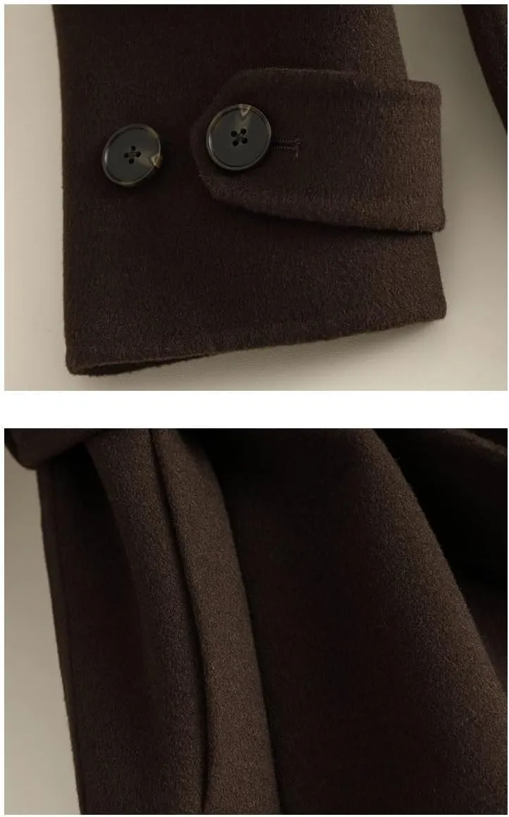 Women's Wool Jacket OL Vintage Wool Blend Pea Trench Coat Elegant Coffee Jacket with Belts(L Code)