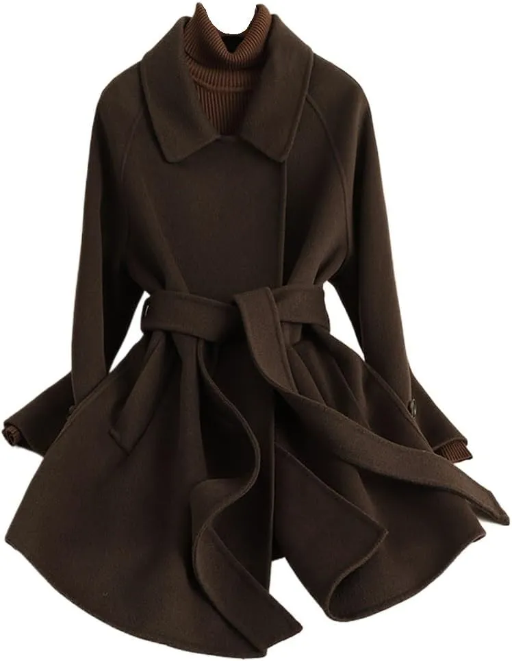 Women's Wool Jacket OL Vintage Wool Blend Pea Trench Coat Elegant Coffee Jacket with Belts(L Code)