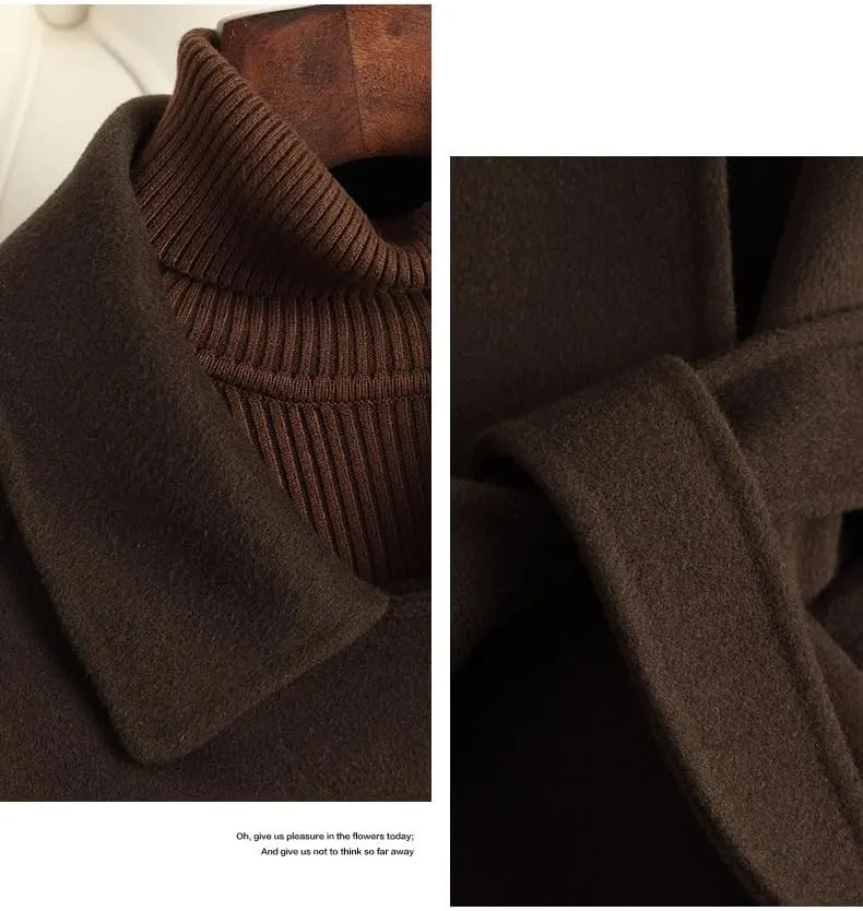 Women's Wool Jacket OL Vintage Wool Blend Pea Trench Coat Elegant Coffee Jacket with Belts(L Code)