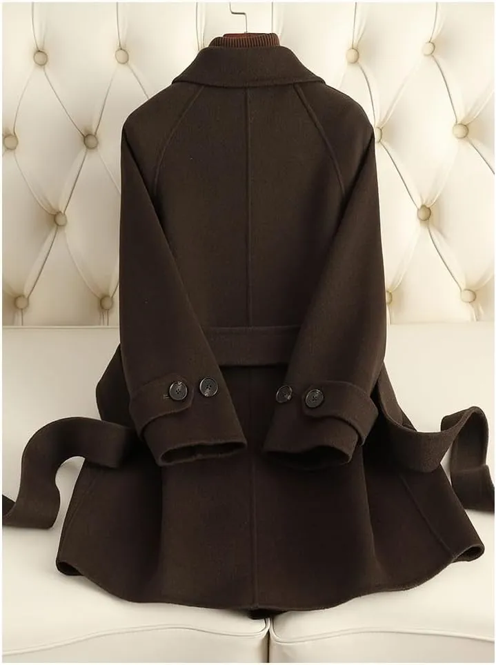 Women's Wool Jacket OL Vintage Wool Blend Pea Trench Coat Elegant Coffee Jacket with Belts(L Code)
