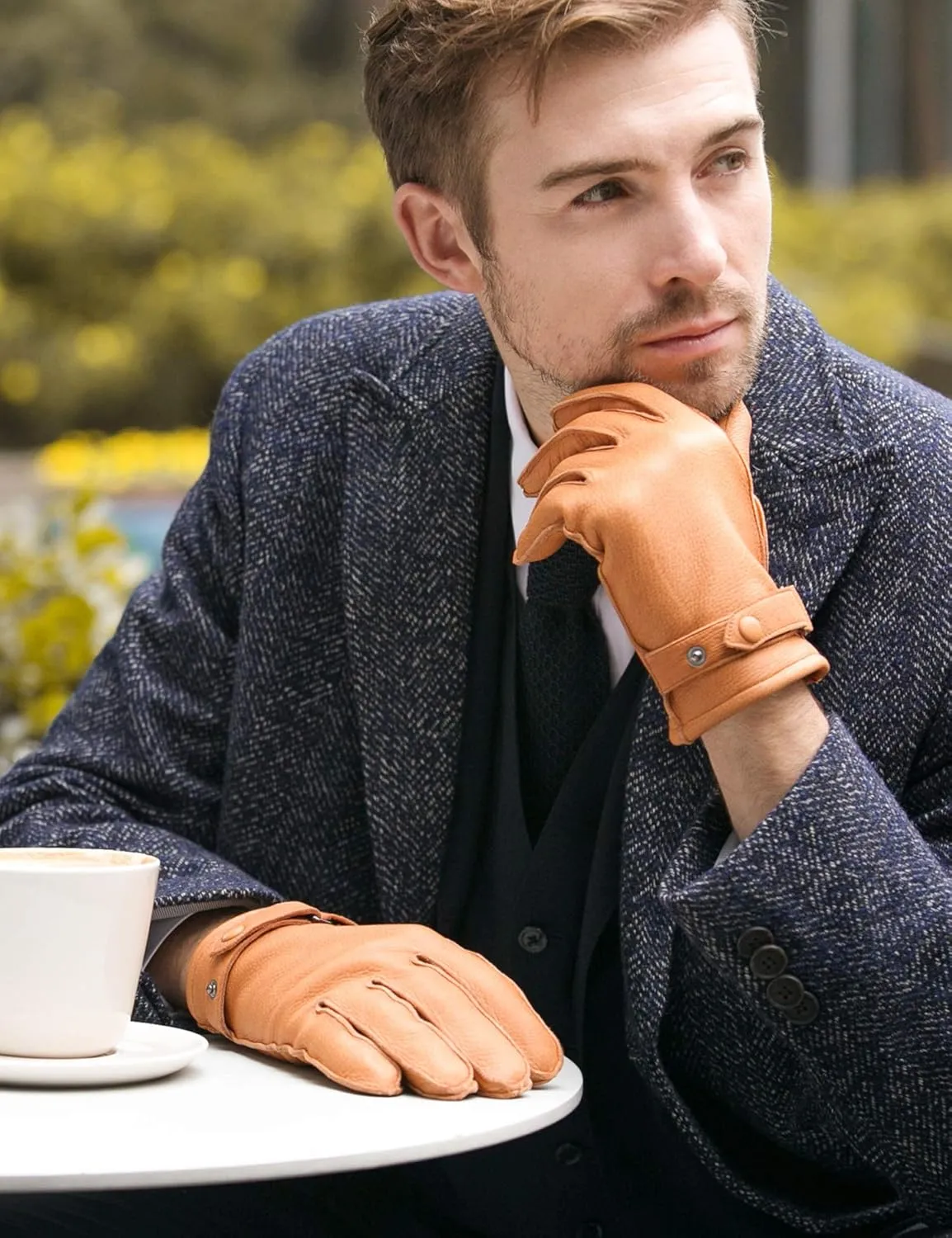 YISEVEN Men's Deerskin Leather Gloves Hand Sewn