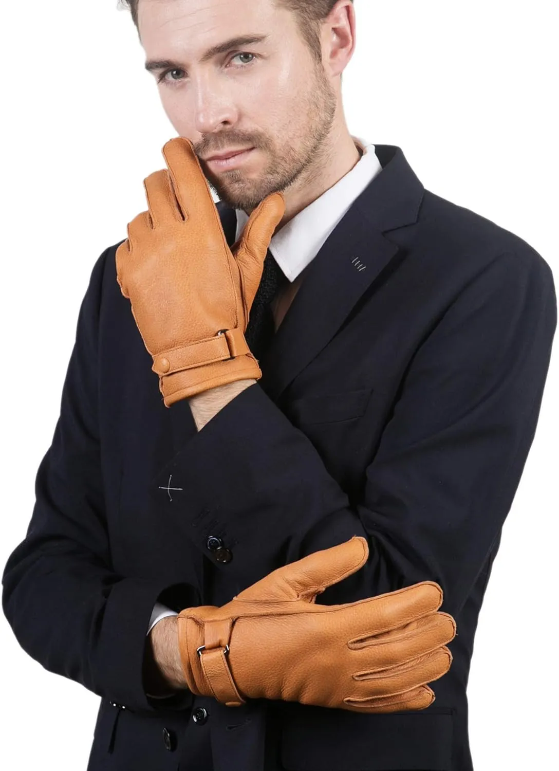 YISEVEN Men's Deerskin Leather Gloves Hand Sewn