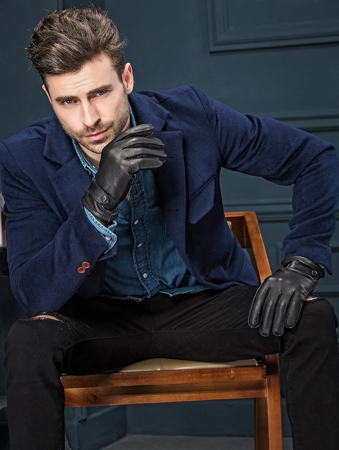 YISEVEN Men's Deerskin Leather Gloves Hand Sewn